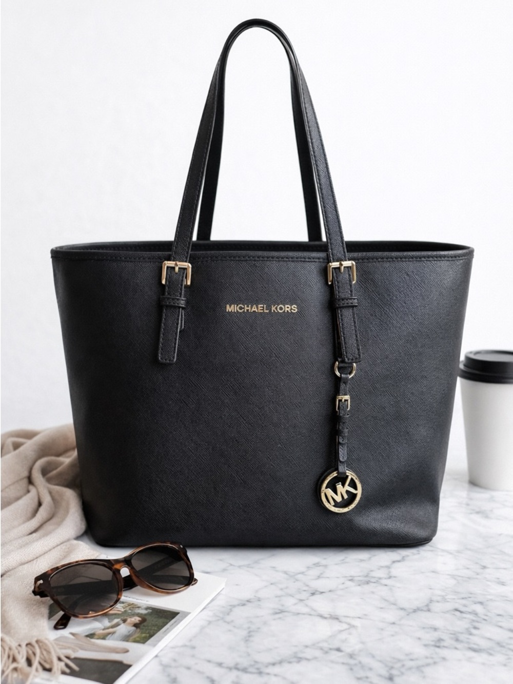 Michael Kors Jet Set Black Leather Tote Bag w/ Gold Logo Charm🌸
